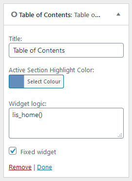 TOC widget settings